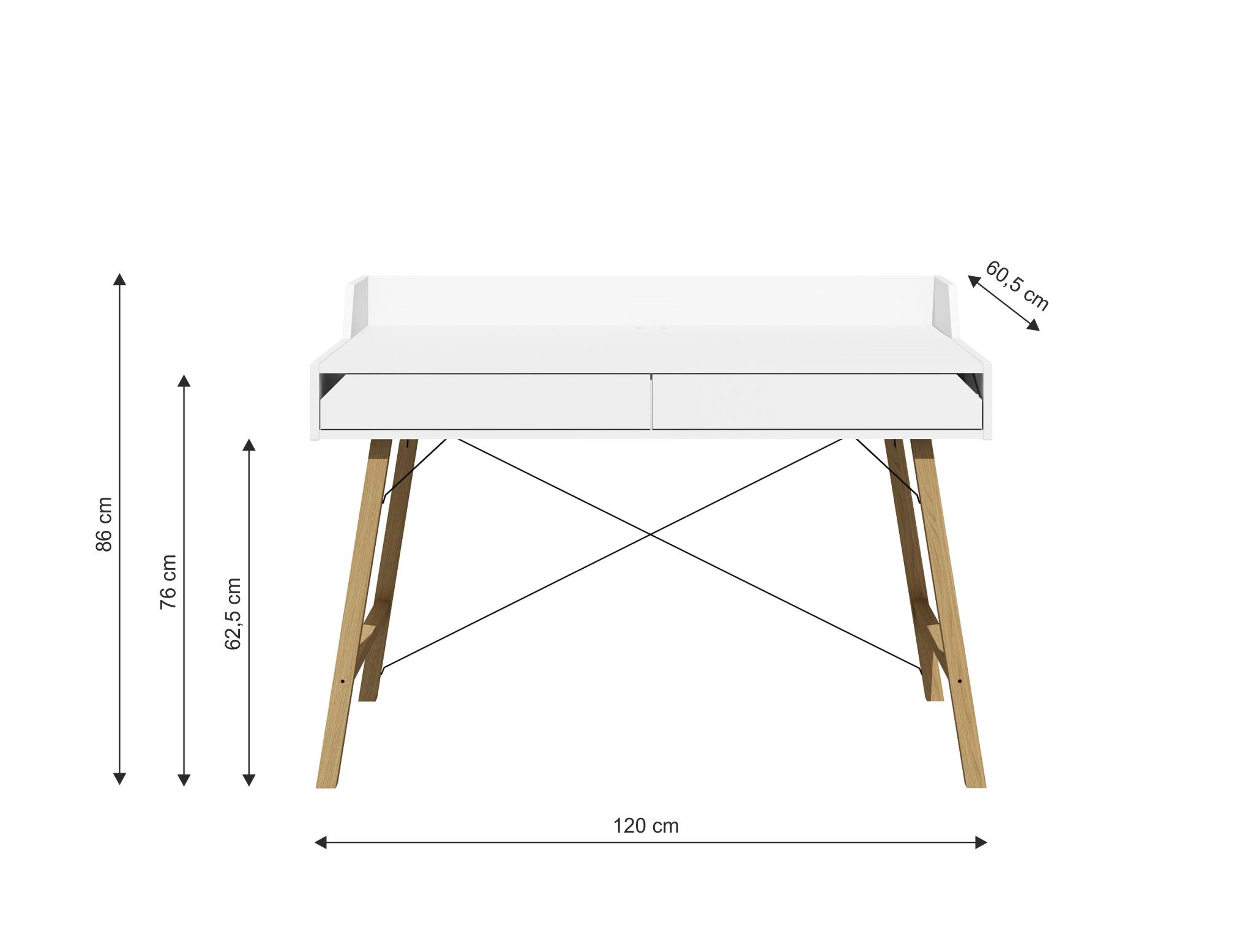 A mesa foi projetada com muita atenção aos detalhes, com forma simples apresentando design minimalista. Possui duas gavetas espaçosas, limites de mesa e um orifício para colocação de cabos, graças ao qual você poderá manter sua mesa organizada e evitar o caos dos cabos. Principais características e vantagens: - 2 gavetas espaçosas com trilhos - os limites da área de trabalho evitam que os itens no topo caiam - equipado com um orifício para colocação de cabos