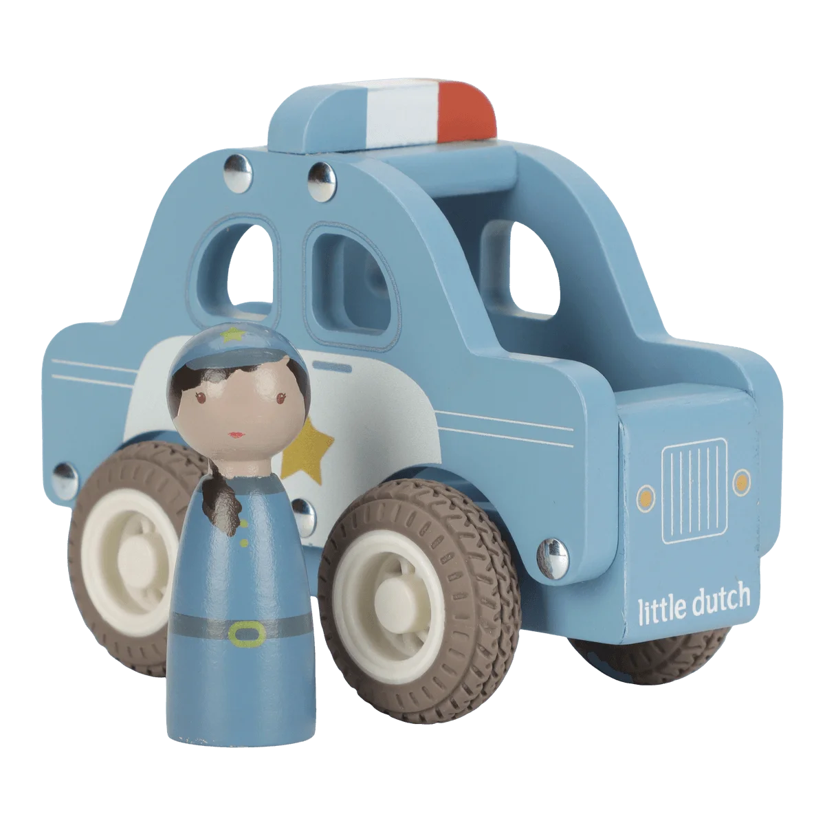 Carrinho de Madeira de Polícia, com boneca polícia, da Little Dutch